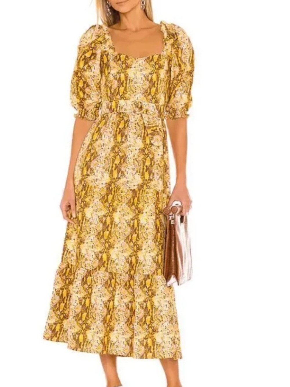 Faithfull the Brand Yellow Snake-Print Puff-Sleeve Tiered Maxi Dress